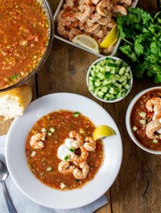 Gazpacho with shrimp and other toppings